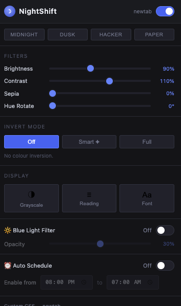 NightShift Chrome extension popup — dark mode filters and brightness controls