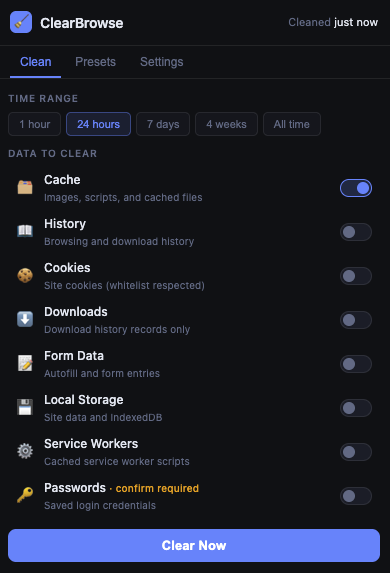 ClearBrowse Chrome extension — Clean tab showing 8 data types with toggles and Clear Now button
