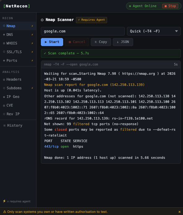 NetRecon Chrome extension — Nmap security scan results in side panel